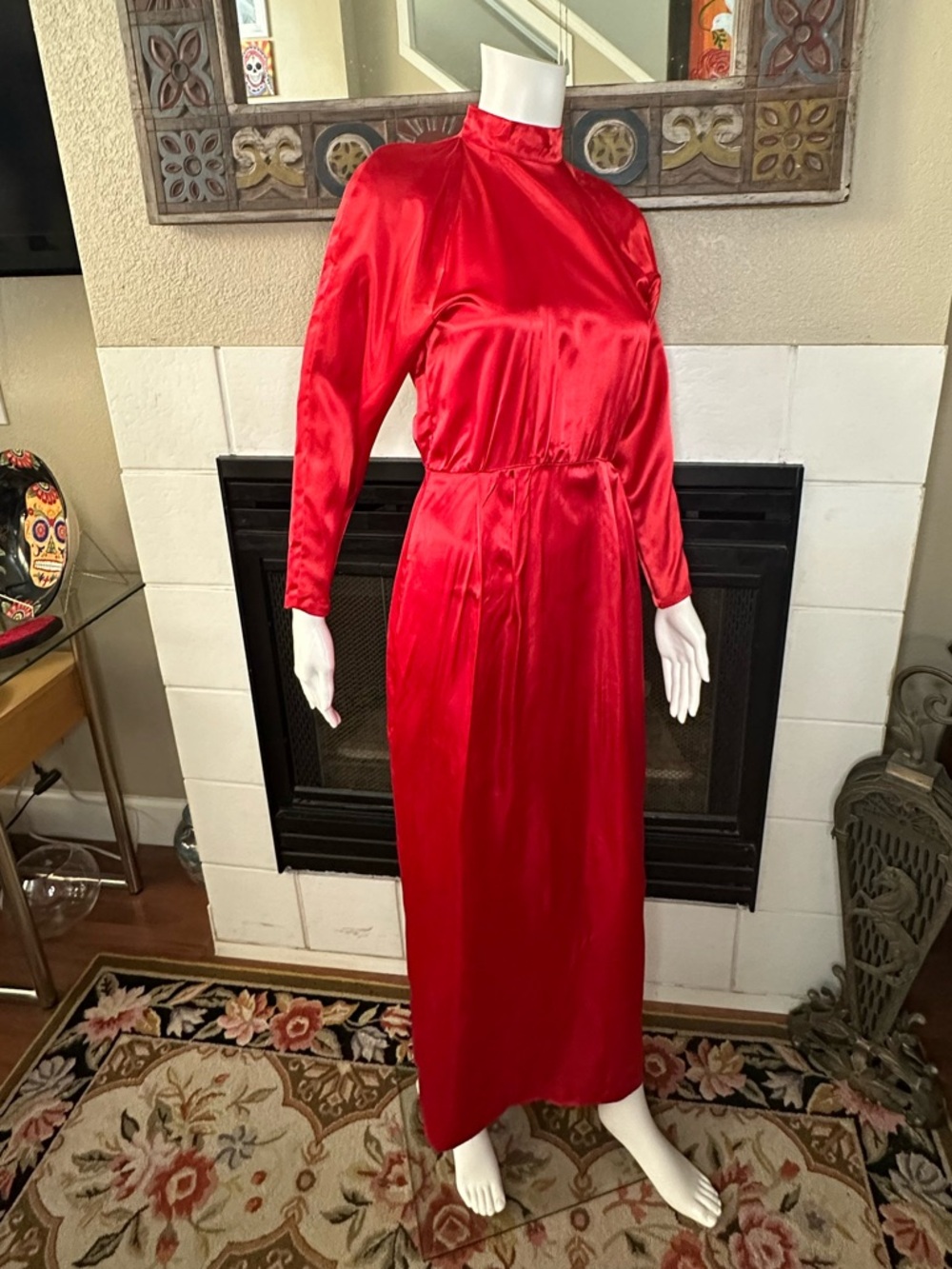 Vtg 80s Red Handmade Satin Party Gown Glam Rock Disco Dress High Neck XS/S